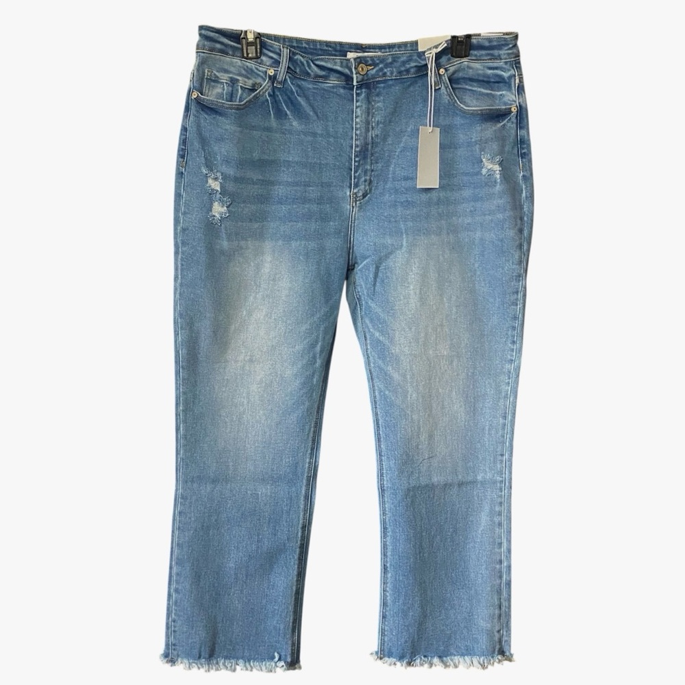 Zenana Denim Kick Flare Jeans Womens Plus Size 38 NWT Distressed Frayed Hem
